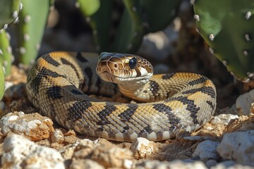 Fototapeta premium Desert snake coiled, cactus background.