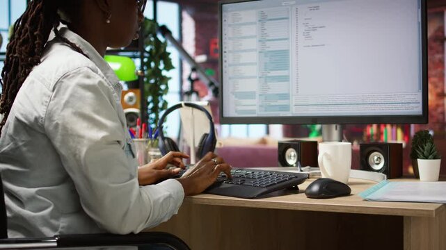Coder at workstation programming on PC, writing lines of code, using development tools, feeling stressed. Woman in home office having deadline, stressed to finish debugging software, camera A