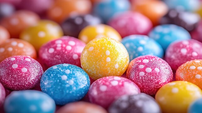 A vibrant close-up of colorful candy coated speckled dots arranged in a grid pattern