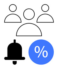 Group of people, bell, and percentage sign in black and blue. Ideal for teamwork, communication, alerts, discounts, user groups marketing customer engagement. Simplistic design abstract line flat