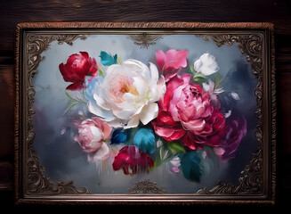 A framed oil painting showcases a vibrant bouquet of pink, red, and white peonies against a soft, grey-blue background.  The ornate frame complements the classical style of the floral artwork.
