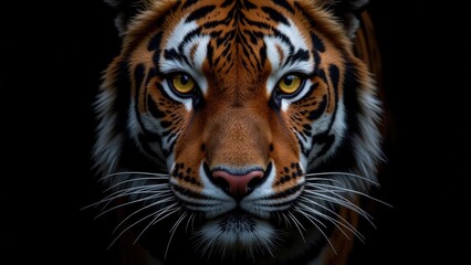 Fototapeta premium Intense gaze through golden eyes; vibrant orange, black, and white fur contrasts against a stark black backdrop, highlighting the majestic tiger face up-close indoors