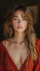 a fullbody portrait of a german fashion model looking at camera with eye lashes lipstick full makeup volume of hair straight face looking at camera smiling