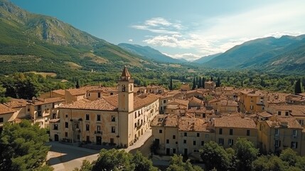 Obraz premium Mountain village aerial view, sunny valley, travel destination
