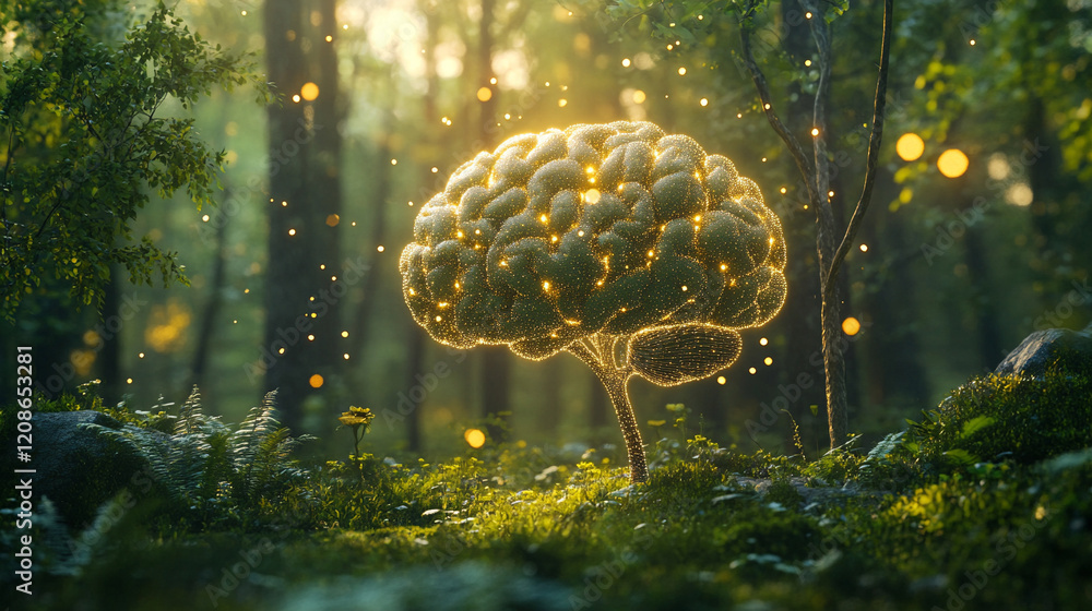 Poster a surreal artistic representation of a brain shaped like a tree glowing with light symbolizing growt