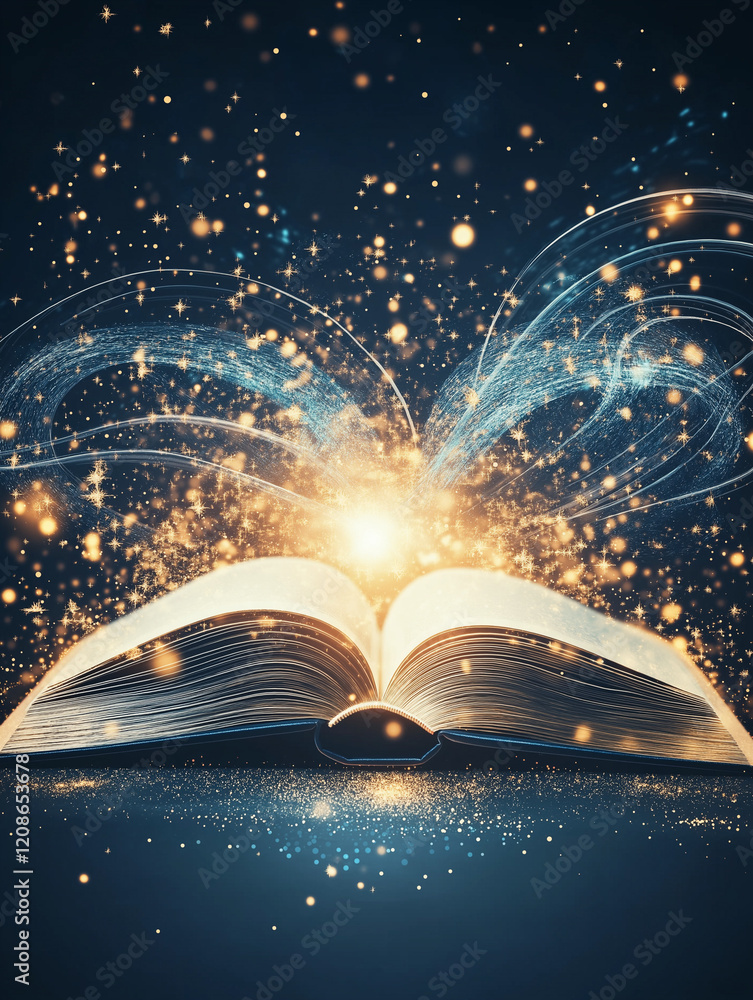 Poster open book of enchantment: a captivating image of an open book glowing with ethereal light, shimmerin