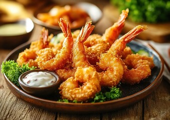 Japanese-style deep-fried shrimps with clear cooking oil on the plate