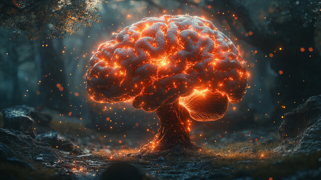 A surreal artistic representation of a brain shaped like a tree glowing with light symbolizing growth and creativity against a blurred forest background with minimalistic bright tones

