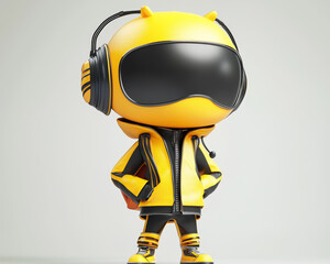 Cool yellow robot, headphones, jacket, and basketball.