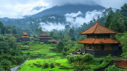 Fototapeta premium Mountainous Rice Terrace Villas, Lush Greenery, Misty Peaks, Tranquil Retreat, Tourism
