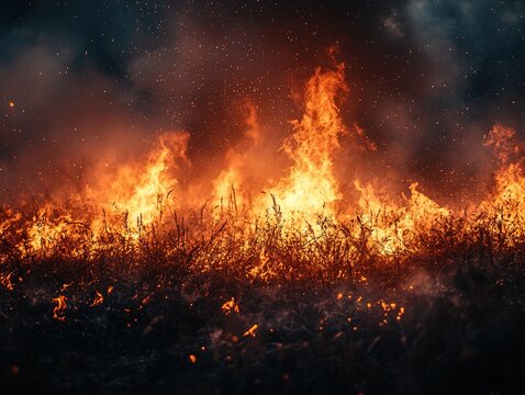 Field Ablaze Night Fire Engulfs Grassland Under Smoke-Filled Sky