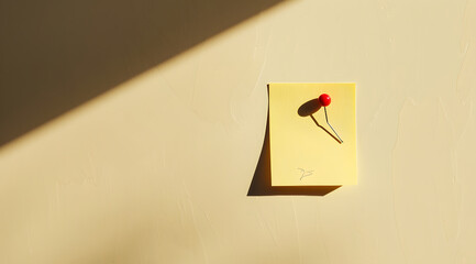 Yellow Sticky Note with Red Pushpin on Beige Wall