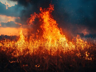 Field fire burning at sunset with smoke plumes