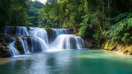 Obraz premium A Breathtaking View of Water Falling Amidst Vibrant Jungle Leaves