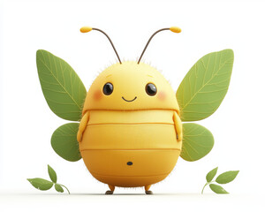 Adorable cartoon bee with large green leaves for wings.