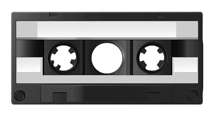 Naklejka premium Black Audio Cassette: A classic black cassette tape, a relic of the analog era. It's a tangible symbol of a bygone time. The blank cassette awaits its sonic imprint.
