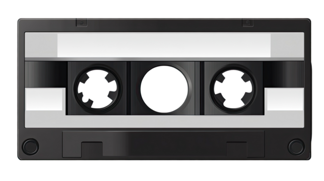 Black Audio Cassette: A classic black cassette tape, a relic of the analog era. It's a tangible symbol of a bygone time. The blank cassette awaits its sonic imprint.