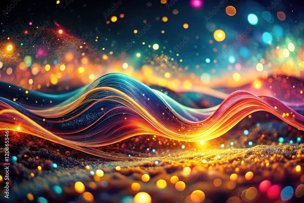 Aufkleber dynamic light and flowing particles animate a dark landscape; digital art depicting abstract motion 