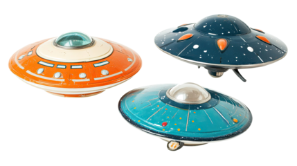 Colorful UFO Saucers on Transparent Background Generative AI