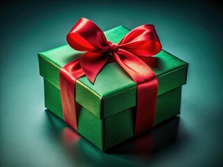 Obraz premium Eco-chic present. Fashion photography showcases a green gift box adorned with a vibrant red ribbon.