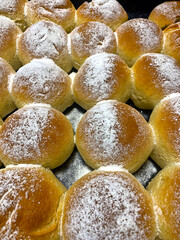 Oven buns sprinkled with powdered sugar.