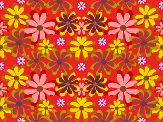 Floral seamless pattern with flowers in vintage and retro style featuring daisies, violets, and a geometric design, perfect for spring and summer decor, textile, and wallpaper use