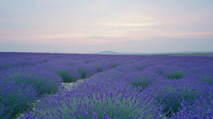 Naklejka premium A vast lavender field stretches under a soft pastel sky, symbolizing endless possibilities with a modern, minimalist feel and bright tones, leaving space for blank captions