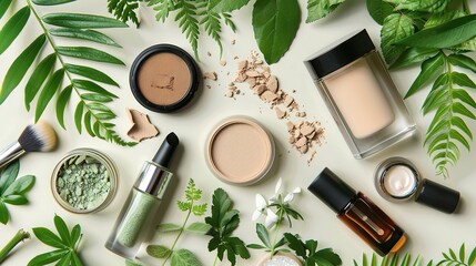 Elegant flat lay of natural cosmetic products with fresh green leaves and blossoms