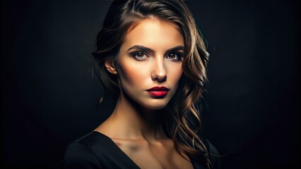 Naklejka premium Elegant woman, close-up studio portrait. Dark, dramatic lighting creates a striking image against the black background.