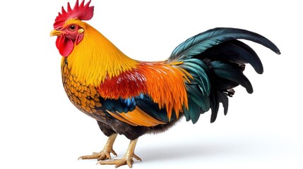 Fototapeta premium Vibrant Rooster Standing Against a White Background for Agricultural Promotion