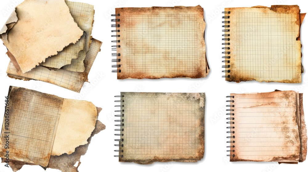Poster collection of assorted torn notebook pages and sheets generative ai
