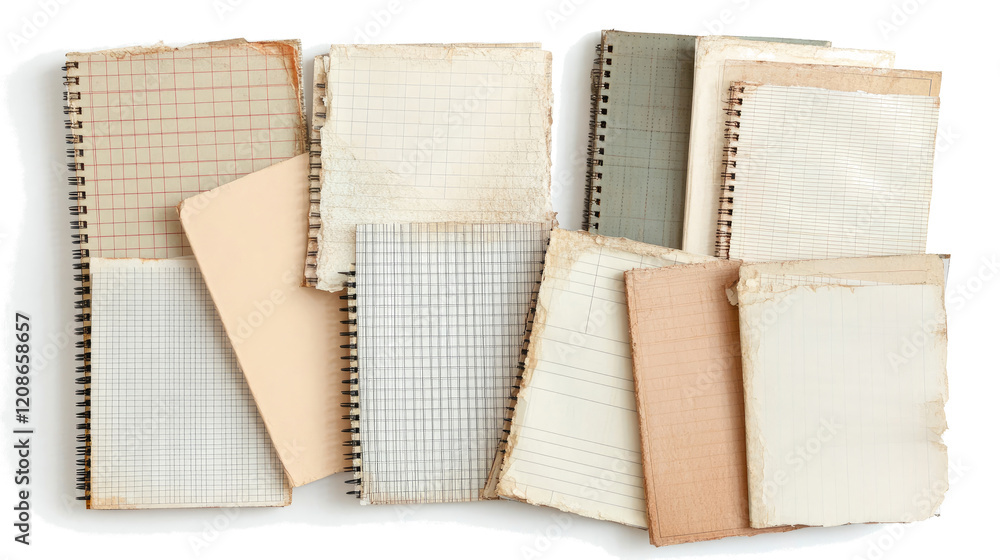 Poster various assorted torn notebook pages isolated generative ai