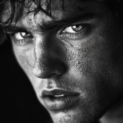Naklejka premium A striking monochrome portrait captures an intense gaze with intricate details, highlighting the raw texture and emotional depth in a close-up shot.