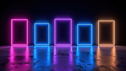 Neon glow against a dark backdrop, featuring a vibrant lineup: pink, blue, purple, green, and yellow rectangles on a sleek black wall