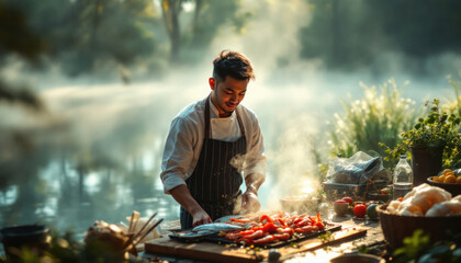 Chef preparing seafood by the lake at sunrise