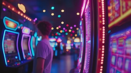 Fototapeta premium A person stands in a vibrant arcade, surrounded by colorful, neon-lit slot machines and gaming machines in a lively atmosphere.