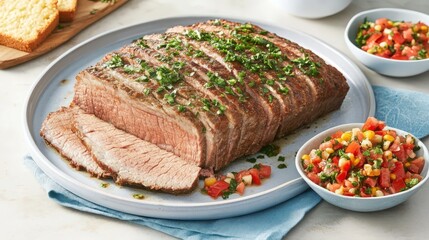 A serving of beef brisket with a side of cornbread 