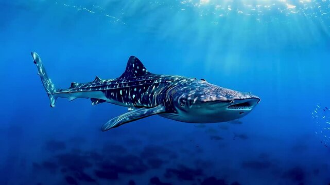 Magnificent whale shark gracefully gliding through the deep blue ocean waters, showcasing its unique spotted pattern.