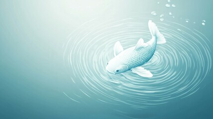 Naklejka premium Serene white koi fish gracefully swimming in tranquil blue water, creating gentle ripples.
