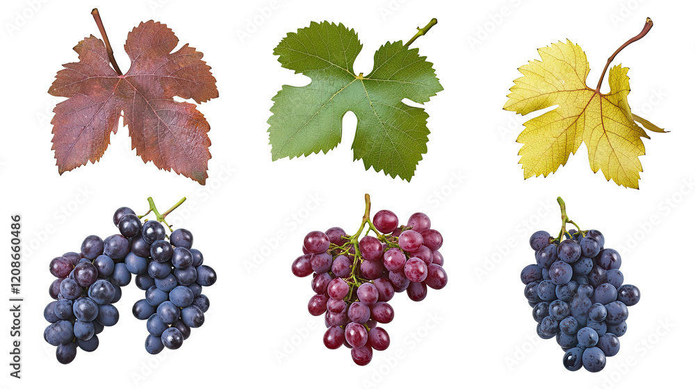 Poster vine leaves and red grapes on clear background generative ai