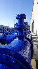 Blue pipes in industrial setting with water droplets