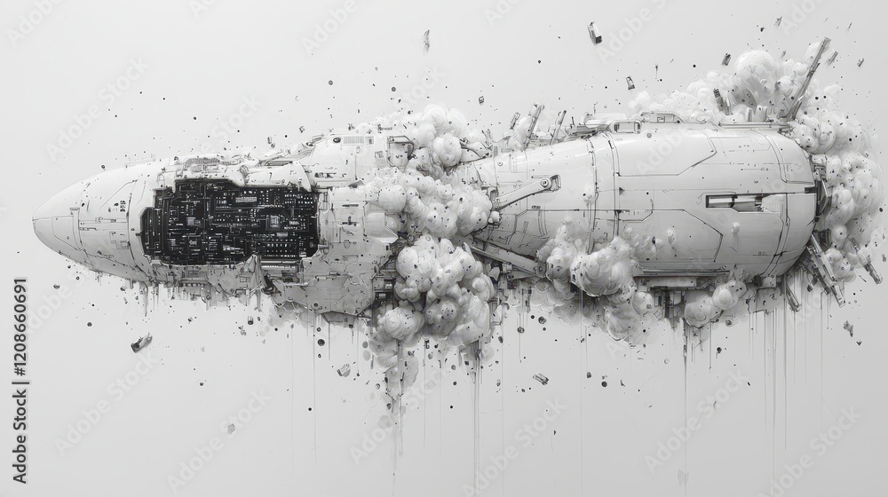 Poster exploding monochrome spaceship, debris cloud, abstract.