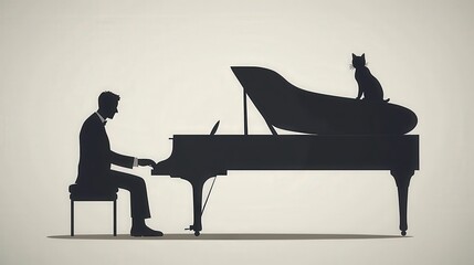 Silhouette of a Pianist Playing at Grand Piano with Cat Sitting on Top in Minimalist Art Style