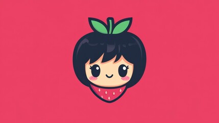 Smiling Strawberry Girl Cartoon, Minimalist Pink Background