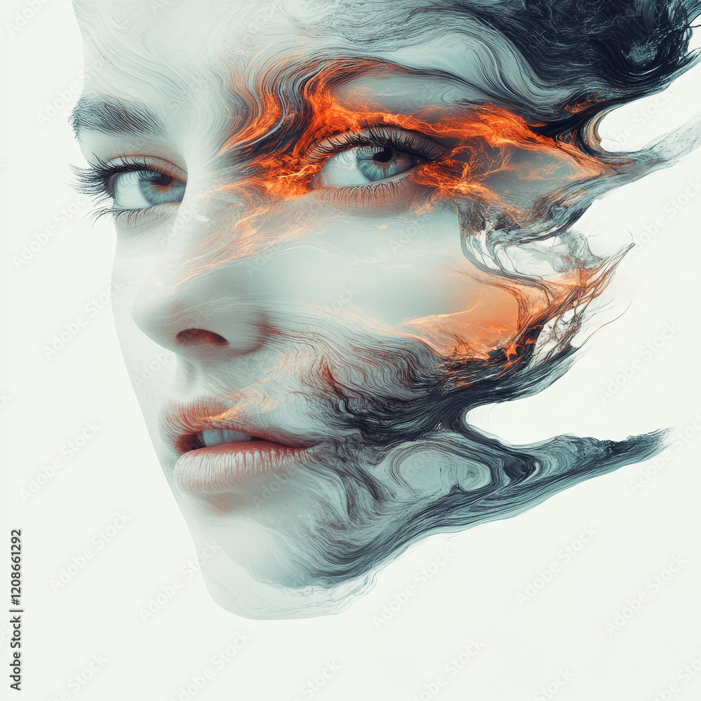 Poster surreal portrait blending human features with abstract elements