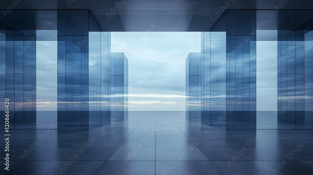 Poster 3d illustration of modern architecture with glass columns and tiled floor overlooking the ocean