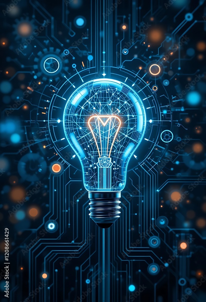 Poster illuminated lightbulb embodied within digital circuitry design