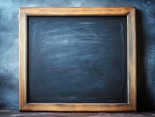 Empty blackboard mockup with a wooden frame on a dark blue background, a school chalkboard template for copy space text or design