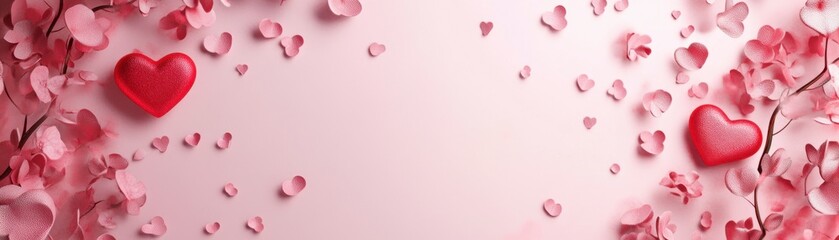 Obraz premium Valentine's Day Banner: Pink Hearts and Flowers, Copy Space