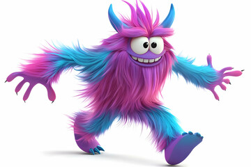 3D Illustration: Playful Pink and Blue Furry Monster Walks Happily on a White Background